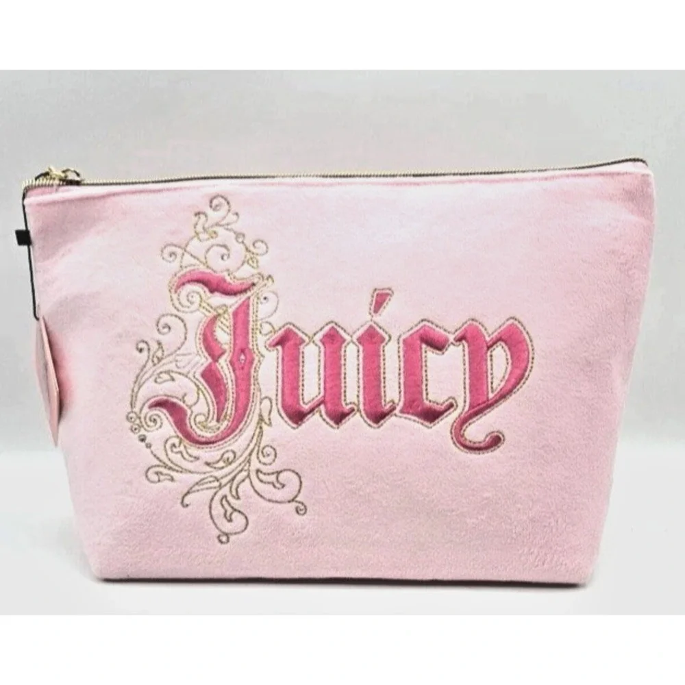 JUICY COUTURE Cosmetic Travel Makeup Bag Large Pink ‎ Zipper Toiletry Pouch NWT